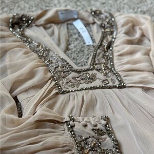 ASOS DESIGN-Elegant Embellished champagne blouson sleeve mini dress